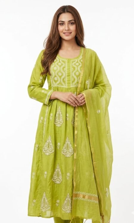 Lime Green Chikankari Gathered Anarkali Suit Set