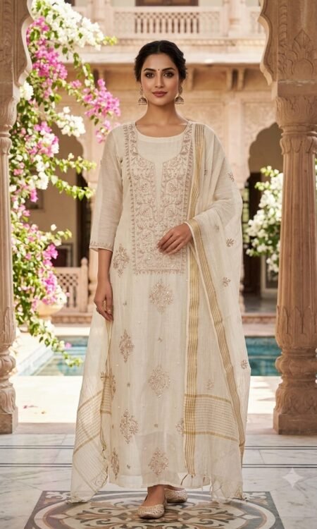 Ivory & Champagne Gold Chikankari Luxury Straight Suit