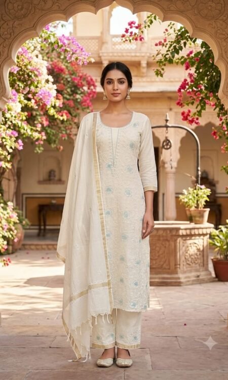 Off-White & Powder Blue Chikankari Luxury Straight Suit