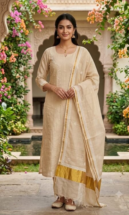 Beige & Gold Chikankari Luxury Straight Suit