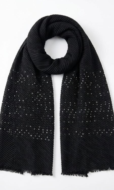Midnight Black Crinkled Chevron Luxury Scarf / Stole