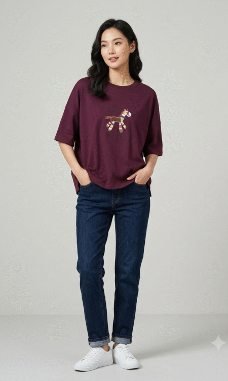 Burgundy Oversized Colorful Horse Graphic T-Shirt.