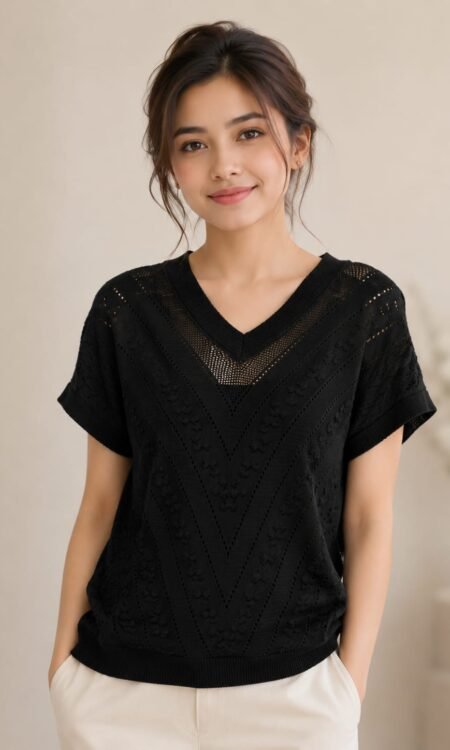 Open-Work Chevron Pointelle Knit Top