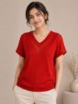 Open-Work Chevron Pointelle Knit Top in Vibrant Ruby Red