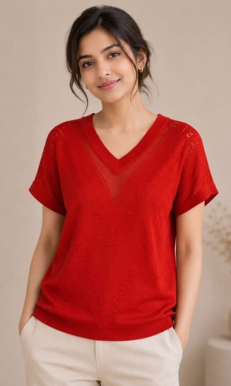 Open-Work Chevron Pointelle Knit Top in Vibrant Ruby Red