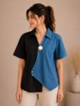 Asymmetric Two-Tone Denim & Twill Statement Top