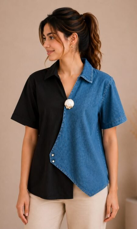 Asymmetric Two-Tone Denim & Twill Statement Top