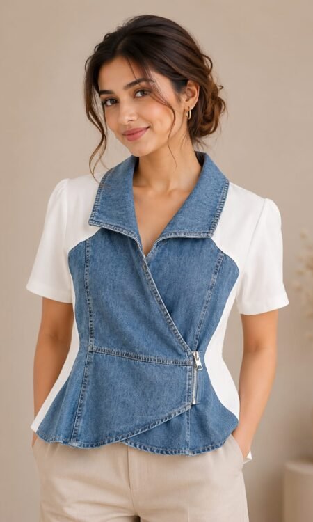 Structural Denim & Crisp White Peplum Top