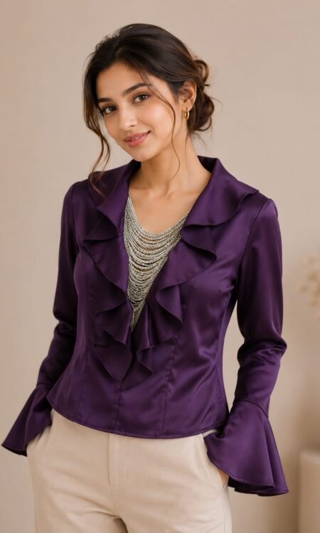 Premium Jewel-Toned Satin Ruffle Party-Wear Blouse