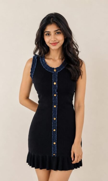 Raw-Edge Denim Trim Knit Mini Dress