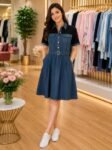 Color-Blocked Noir & Denim Shirt Dress