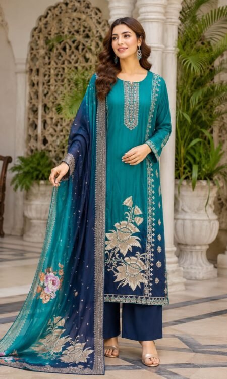 Teal & Midnight Blue Embroidered Silk Salwar Suit Set