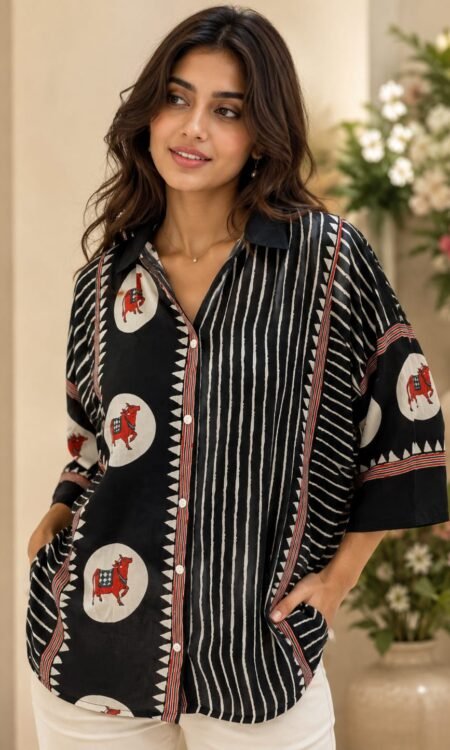 Artisan-Print Asymmetrical Relaxed Tunic Shirt