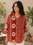 Crimson Artisan-Print Asymmetrical Relaxed Tunic Shirt