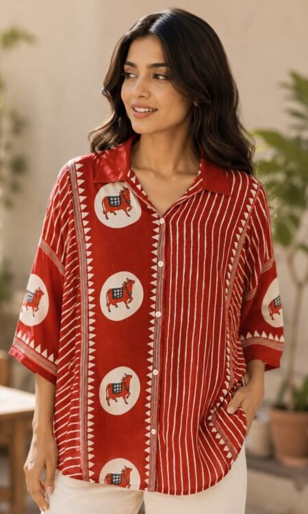 Crimson Artisan-Print Asymmetrical Relaxed Tunic Shirt