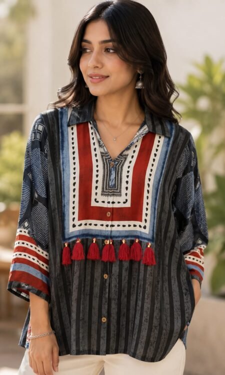 Multi-Print Tassel-Accented Tunic Shirt