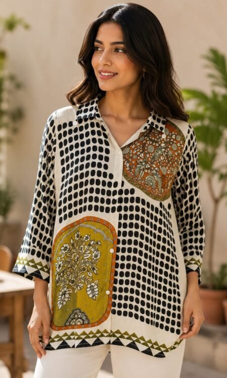 Monochrome Grid & Kalamkari-Patch Tunic Shirt