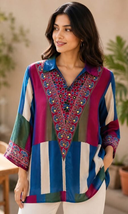 Royal Blue & Magenta Patchwork Embroidered Tunic Shirt
