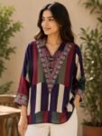 Jewel-Toned Patchwork & Embroidered V-Neck Tunic Top