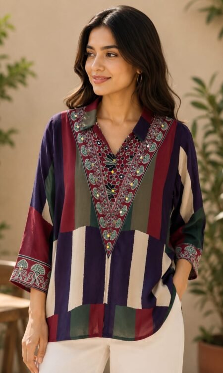 Jewel-Toned Patchwork & Embroidered V-Neck Tunic Top