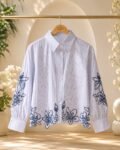 Blue & White Striped Shirt with Navy Floral Cutwork Embroidery