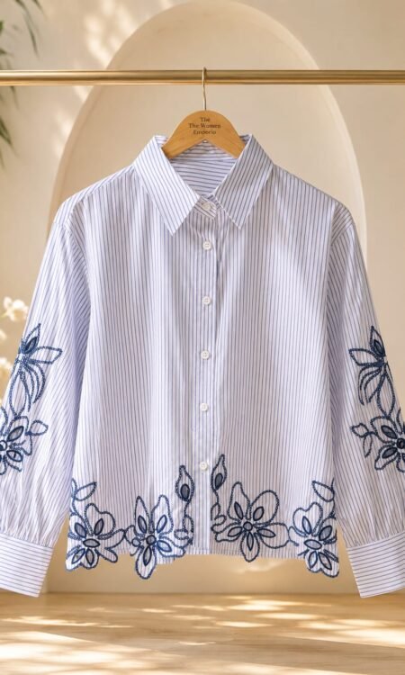 Blue & White Striped Shirt with Navy Floral Cutwork Embroidery