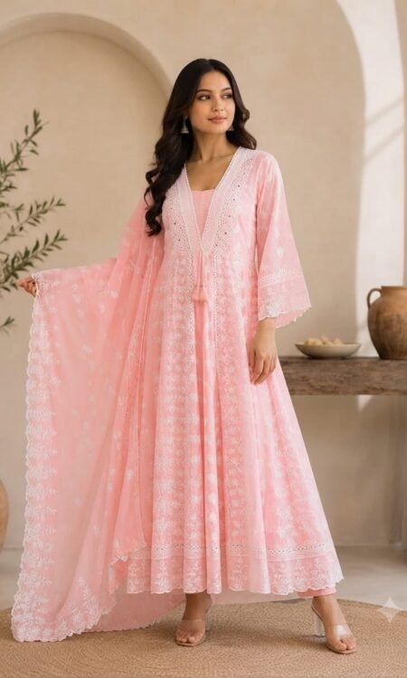 Baby Pink Chikankari Anarkali Set with Embroidered Dupatta