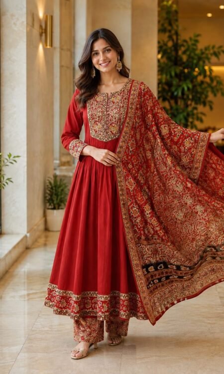 Crimson Red Kalamkari-Style Embroidered Anarkali Set