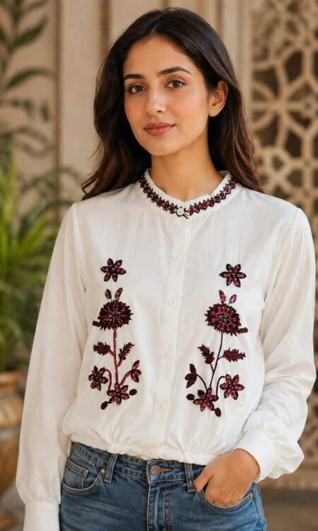 Ivory Embroidered Band-Collar Blouse