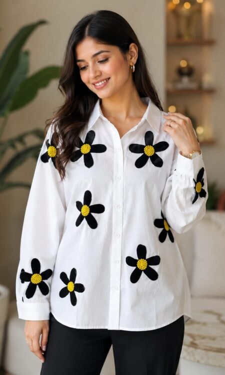 White 3D Beaded Daisy Appliqué Shirt