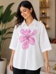 Crisp White Oversized Shirt with Watercolor Orchid Print