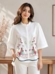 Ivory Floral-Hem Mandarin top