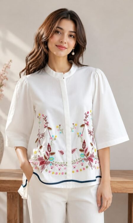 Ivory Floral-Hem Mandarin top