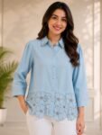 Pastel Blue Scalloped Floral-Hem Shirt