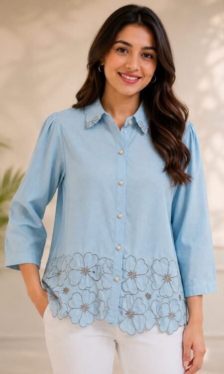Pastel Blue Scalloped Floral-Hem Shirt