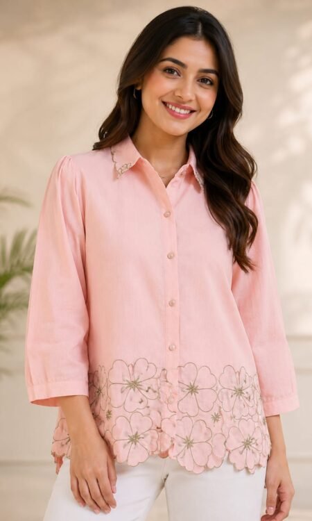Pastel Pink Scalloped Floral-Hem Shirt