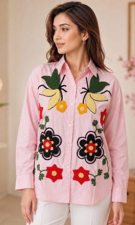 Pastel Pink Hand-Embroidered Botanical Shirt