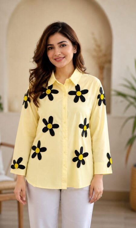 Butter Yellow 3D Beaded Daisy Appliqué Shirt