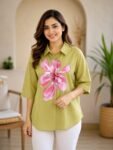 Olive Green Oversized Shirt with Watercolor Orchid Print