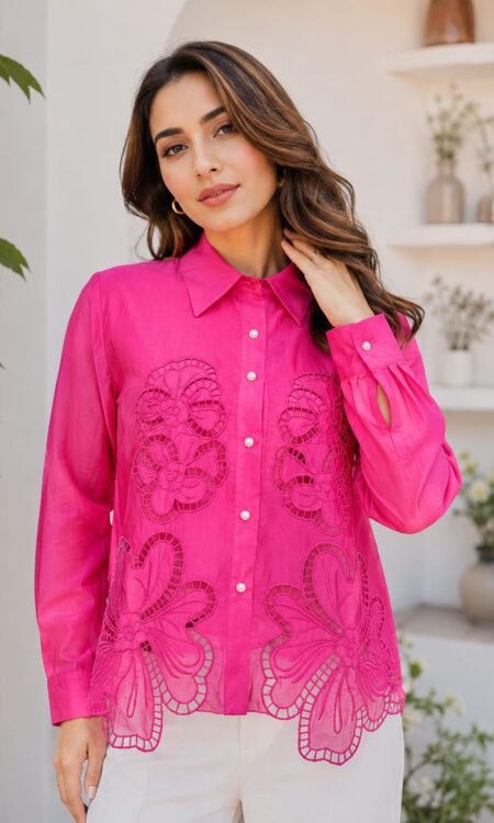 Fuchsia Pink Cutwork & Lace-Embroidered Shirt
