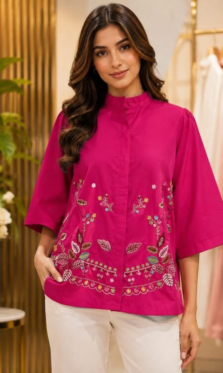 Magenta Pink Multi-Color Embroidered Mandarin Blouse