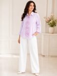 Lilac Pinstripe Shirt with Vertical Embroidered Floral Placket