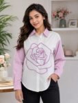 White & Mauve Pink Striped Shirt with Outline Rose Artwork
