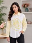 White & Butter Yellow Striped Shirt with Outline Rose Artwork