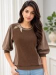 Chocolate Brown Mixed-Media Knit Top with Beaded Bow Accent