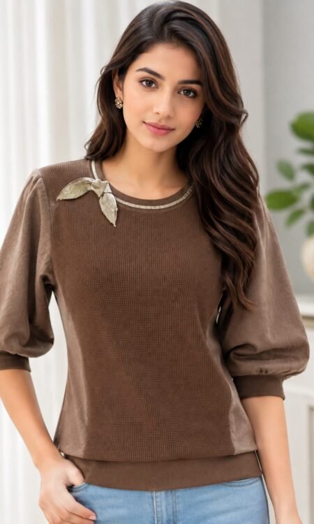 Chocolate Brown Mixed-Media Knit Top with Beaded Bow Accent