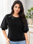 Black Mixed-Media Knit Top with Beaded Bow Accent
