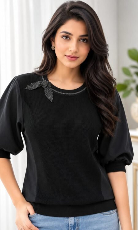 Black Mixed-Media Knit Top with Beaded Bow Accent