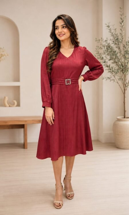 Deep Wine-Red Jacquard Textured Dress with Rhinestone Buckle Belt