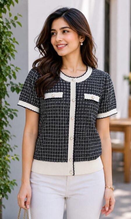Monochrome Tweed-Knit Short-Sleeve Top with Pearl Accents